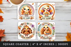Watercolor cute turkey holding pumpkin pie Give Thanks quote Thanksgiving print square coaster mug coasters sublimation design