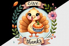 Watercolor cute turkey holding pumpkin pie Give Thanks quote Thanksgiving print tumbler skinny mug wrap clipart t-shirt sublimation printable design