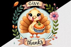 Watercolor cute turkey holding pumpkin pie Give Thanks quote Thanksgiving print tumbler skinny mug wrap clipart t-shirt sublimation printable design