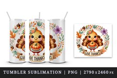 Watercolor cute turkey holding pumpkin pie Give Thanks quote Thanksgiving print tumbler skinny mug wrap clipart t-shirt sublimation printable design