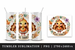Watercolor cute turkey holding pumpkin pie Give Thanks quote Thanksgiving print tumbler skinny mug wrap clipart t-shirt sublimation printable design