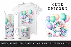 Watercolor cute unicorn balloons gift flowers festive birthday party print 20 oz tumbler skinny mug wrap clipart t-shirt sublimation printable design