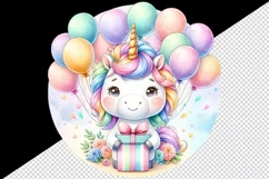 Watercolor cute unicorn balloons gift flowers festive birthday party print 20 oz tumbler skinny mug wrap clipart t-shirt sublimation printable design