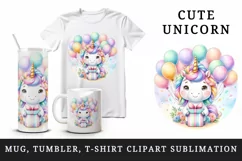Watercolor cute unicorn balloons gift flowers festive birthday party print 20 oz tumbler skinny mug wrap clipart t-shirt sublimation printable design