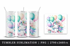 Watercolor cute unicorn balloons gift flowers festive birthday party print 20 oz tumbler skinny mug wrap clipart t-shirt sublimation printable design