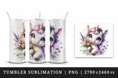 Watercolor cute unicorn big sparkling eyes holding bouquet of flowers print 20 oz tumbler skinny mug wrap clipart t-shirt sublimation printable design