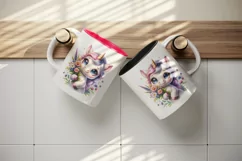 Watercolor cute unicorn big sparkling eyes holding bouquet of flowers print 20 oz tumbler skinny mug wrap clipart t-shirt sublimation printable design