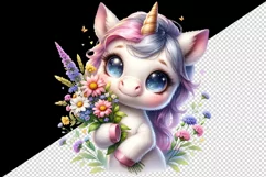 Watercolor cute unicorn big sparkling eyes holding bouquet of flowers print 20 oz tumbler skinny mug wrap clipart t-shirt sublimation printable design