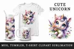 Watercolor cute unicorn big sparkling eyes holding bouquet of flowers print 20 oz tumbler skinny mug wrap clipart t-shirt sublimation printable design