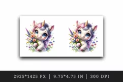 Watercolor cute unicorn big sparkling eyes holding bouquet of flowers print 20 oz tumbler skinny mug wrap clipart t-shirt sublimation printable design