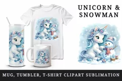 Watercolor cute unicorn building snowman winter scene Christmas print 20 oz tumbler skinny mug wrap clipart t-shirt sublimation printable design