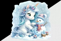 Watercolor cute unicorn building snowman winter scene Christmas print 20 oz tumbler skinny mug wrap clipart t-shirt sublimation printable design