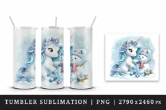 Watercolor cute unicorn building snowman winter scene Christmas print 20 oz tumbler skinny mug wrap clipart t-shirt sublimation printable design