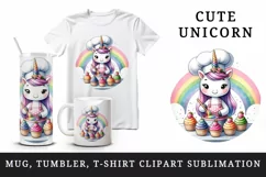 Watercolor cute unicorn chef wearing apron baking rainbow cupcakes print 20 oz tumbler skinny mug wrap clipart t-shirt sublimation printable design