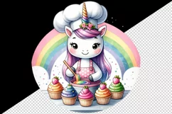 Watercolor cute unicorn chef wearing apron baking rainbow cupcakes print 20 oz tumbler skinny mug wrap clipart t-shirt sublimation printable design