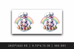 Watercolor cute unicorn chef wearing apron baking rainbow cupcakes print 20 oz tumbler skinny mug wrap clipart t-shirt sublimation printable design