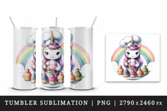 Watercolor cute unicorn chef wearing apron baking rainbow cupcakes print 20 oz tumbler skinny mug wrap clipart t-shirt sublimation printable design