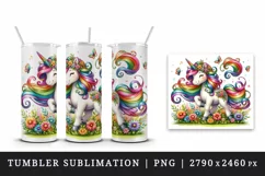 Watercolor cute unicorn colorful mane playing in field of flowers print 20 oz tumbler skinny mug wrap clipart t-shirt sublimation printable design