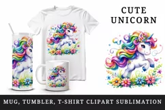 Watercolor cute unicorn colorful mane playing in field of flowers print 20 oz tumbler skinny mug wrap clipart t-shirt sublimation printable design