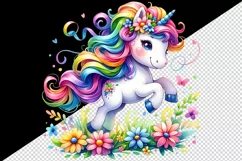 Watercolor cute unicorn colorful mane playing in field of flowers print 20 oz tumbler skinny mug wrap clipart t-shirt sublimation printable design