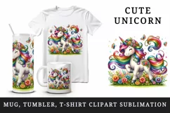 Watercolor cute unicorn colorful mane playing in field of flowers print 20 oz tumbler skinny mug wrap clipart t-shirt sublimation printable design
