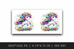 Watercolor cute unicorn colorful mane playing in field of flowers print 20 oz tumbler skinny mug wrap clipart t-shirt sublimation printable design