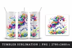 Watercolor cute unicorn colorful mane playing in field of flowers print 20 oz tumbler skinny mug wrap clipart t-shirt sublimation printable design