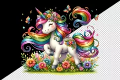 Watercolor cute unicorn colorful mane playing in field of flowers print 20 oz tumbler skinny mug wrap clipart t-shirt sublimation printable design