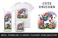 Watercolor cute unicorn colorful mane playing in field of rainbow flowers print tumbler skinny mug wrap clipart t-shirt sublimation printable design