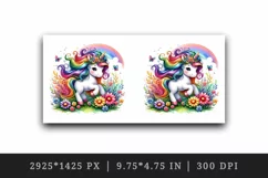 Watercolor cute unicorn colorful mane playing in field of rainbow flowers print tumbler skinny mug wrap clipart t-shirt sublimation printable design