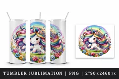 Watercolor cute unicorn colorful mane playing in field of rainbow flowers print tumbler skinny mug wrap clipart t-shirt sublimation printable design