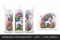 Watercolor cute unicorn colorful mane playing in field of rainbow flowers print tumbler skinny mug wrap clipart t-shirt sublimation printable design