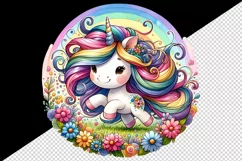 Watercolor cute unicorn colorful mane playing in field of rainbow flowers print tumbler skinny mug wrap clipart t-shirt sublimation printable design