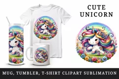 Watercolor cute unicorn colorful mane playing in field of rainbow flowers print tumbler skinny mug wrap clipart t-shirt sublimation printable design