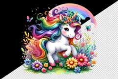 Watercolor cute unicorn colorful mane playing in field of rainbow flowers print tumbler skinny mug wrap clipart t-shirt sublimation printable design