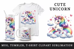 Watercolor cute unicorn colorful mane rainbow clouds hearts Valentine Day print tumbler skinny mug wrap clipart t-shirt sublimation printable design