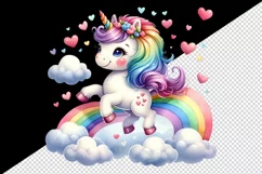 Watercolor cute unicorn colorful mane rainbow clouds hearts Valentine Day print tumbler skinny mug wrap clipart t-shirt sublimation printable design