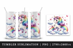 Watercolor cute unicorn colorful mane rainbow clouds hearts Valentine Day print tumbler skinny mug wrap clipart t-shirt sublimation printable design