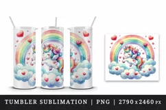 Watercolor cute unicorn colorful rainbow prancing among clouds hearts print 20 oz tumbler skinny mug wrap clipart t-shirt sublimation printable design
