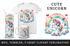Watercolor cute unicorn colorful rainbow prancing among clouds hearts print 20 oz tumbler skinny mug wrap clipart t-shirt sublimation printable design
