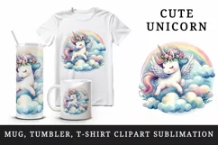 Watercolor cute unicorn delicate mane wings soaring above clouds print 20 oz tumbler skinny mug wrap clipart t-shirt sublimation printable design