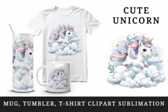 Watercolor cute unicorn delicate mane wings soaring above clouds print 20 oz tumbler skinny mug wrap clipart t-shirt sublimation printable design