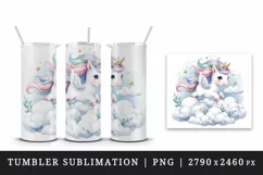 Watercolor cute unicorn delicate mane wings soaring above clouds print 20 oz tumbler skinny mug wrap clipart t-shirt sublimation printable design