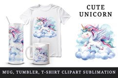 Watercolor cute unicorn delicate mane wings soaring above clouds print 20 oz tumbler skinny mug wrap clipart t-shirt sublimation printable design