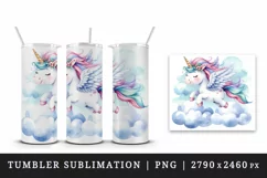 Watercolor cute unicorn delicate mane wings soaring above clouds print 20 oz tumbler skinny mug wrap clipart t-shirt sublimation printable design