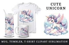 Watercolor cute unicorn delicate mane wings soaring above clouds print 20 oz tumbler skinny mug wrap clipart t-shirt sublimation printable design