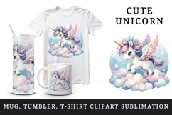 Watercolor cute unicorn delicate mane wings soaring above clouds print 20 oz tumbler skinny mug wrap clipart t-shirt sublimation printable design