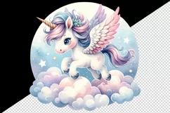 Watercolor cute unicorn delicate mane wings soaring above clouds print 20 oz tumbler skinny mug wrap clipart t-shirt sublimation printable design