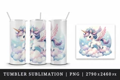 Watercolor cute unicorn delicate mane wings soaring above clouds print 20 oz tumbler skinny mug wrap clipart t-shirt sublimation printable design