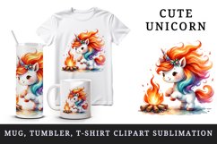 Watercolor cute unicorn fiery red orange mane dancing around bonfire print 20 oz tumbler skinny mug wrap clipart t-shirt sublimation printable design